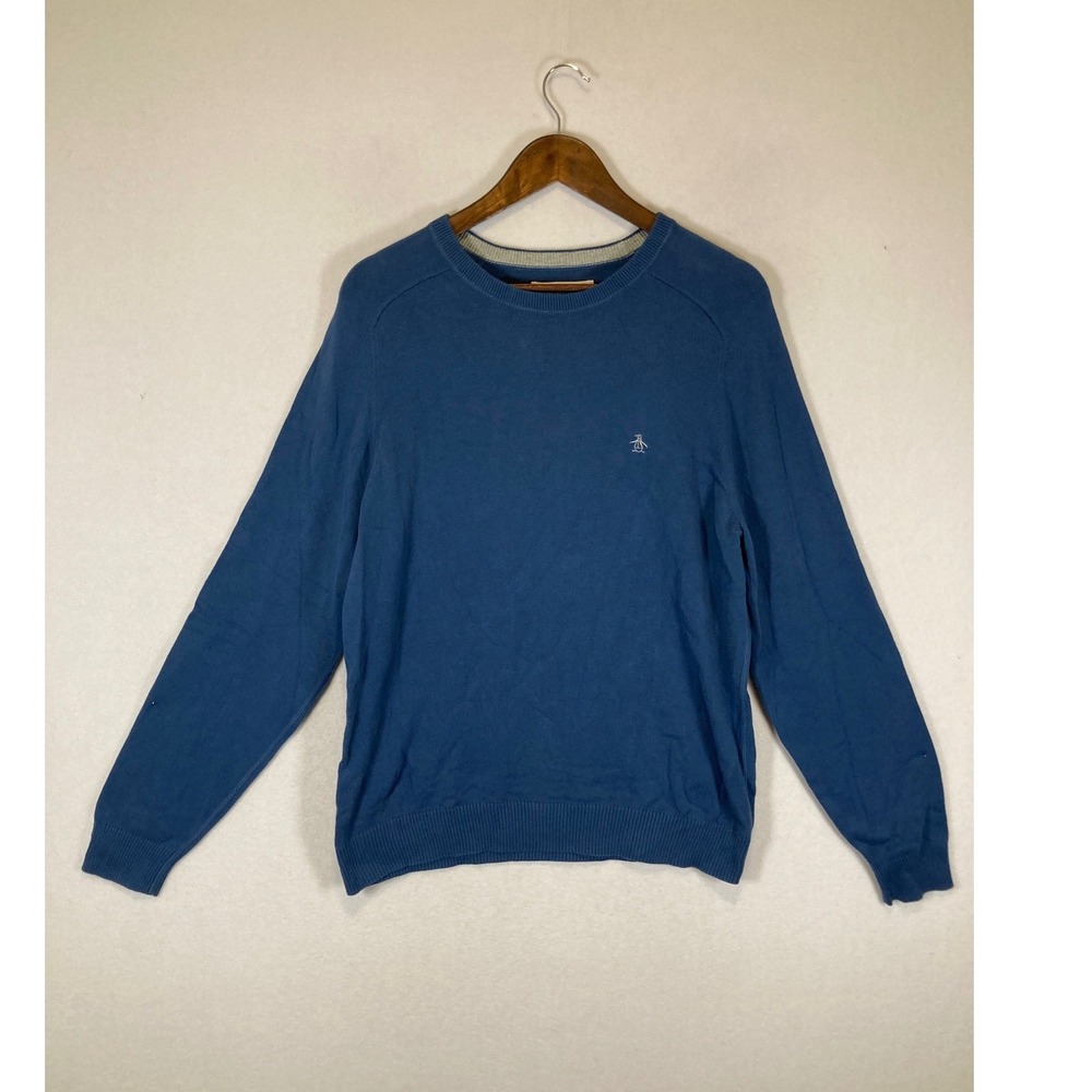 Classic Preppy Original Penguin Mens‎ Large Blue Cotton Crewneck Raglan Sweater